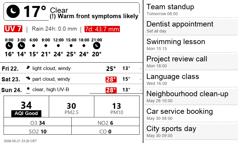 The rendered dashboard: weather and air quality on the left, upcoming events on the right